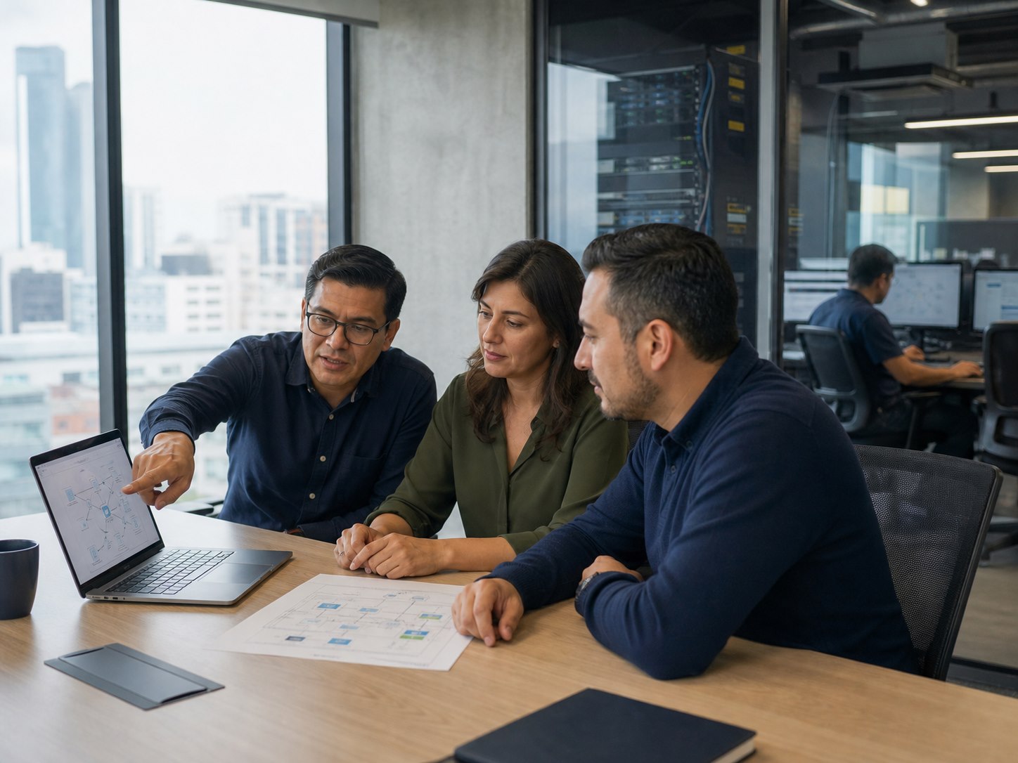 Consultores de GM IT Partner analizan la infraestructura tecnológica con un responsable de operaciones