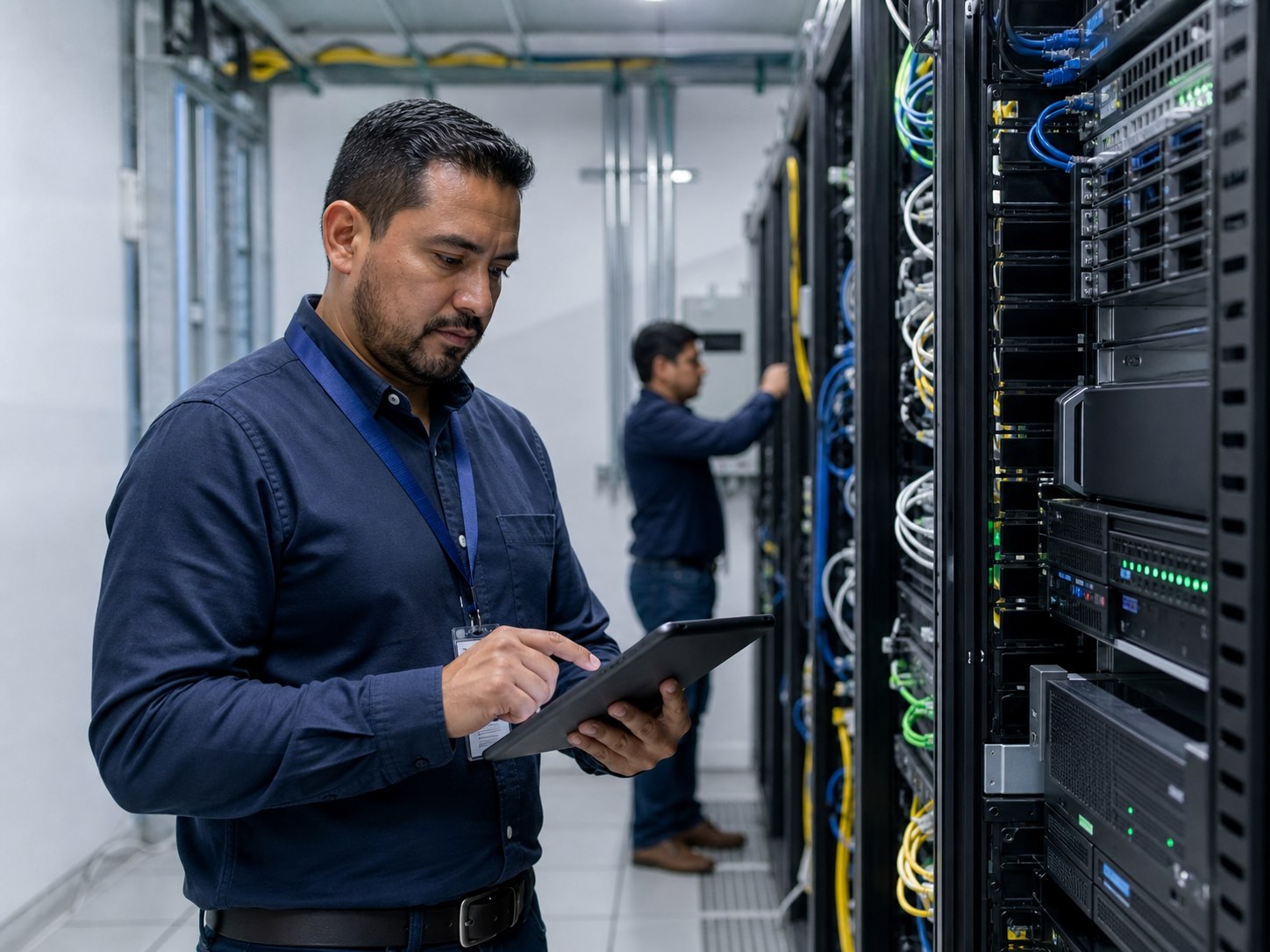Especialista valida servidores, red y continuidad operativa durante una evaluación de infraestructura IT
