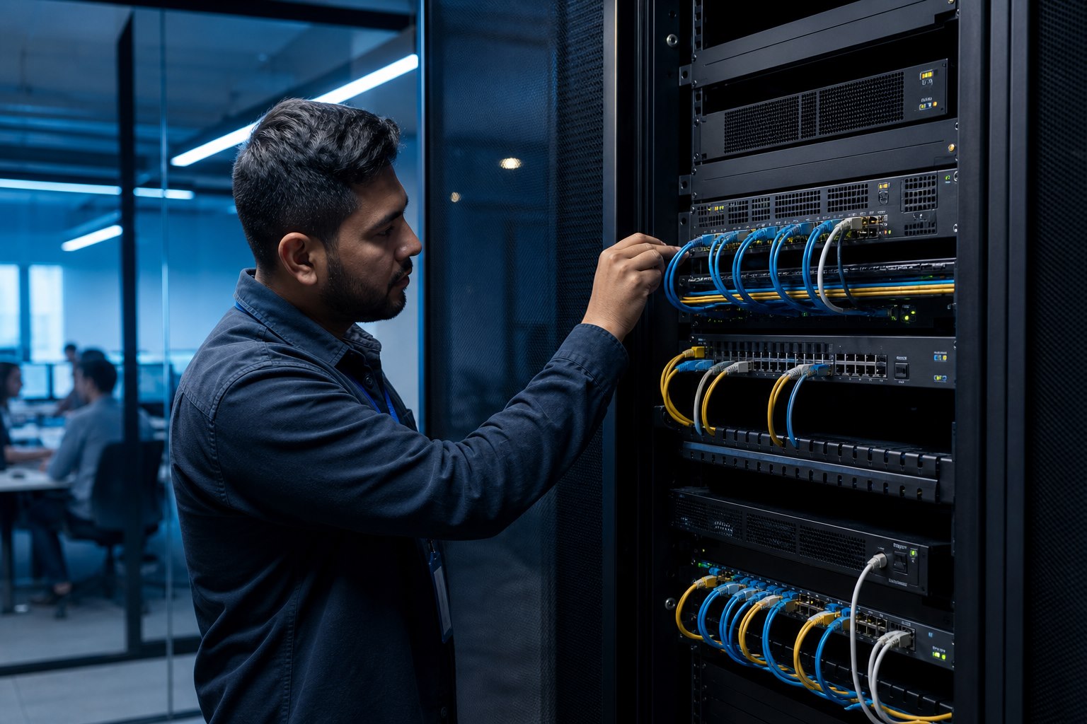 Ingeniero configura un firewall empresarial y segmenta conexiones en un gabinete de red