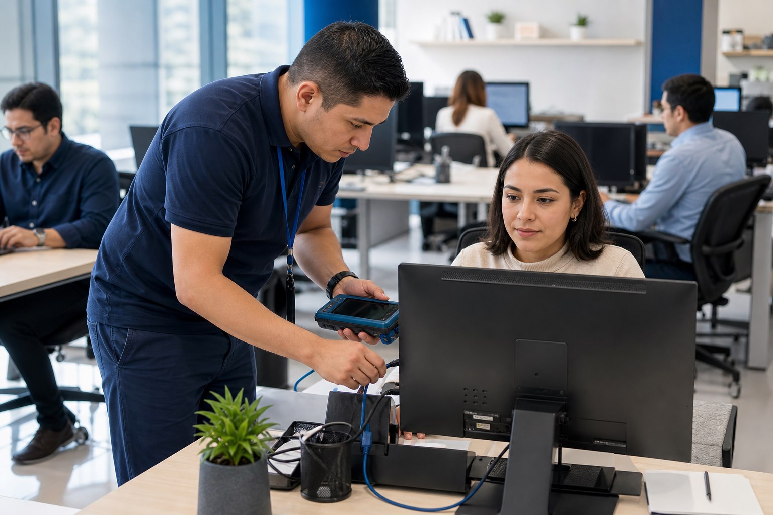Técnico realiza mantenimiento preventivo a un equipo sin interrumpir la operación de la oficina