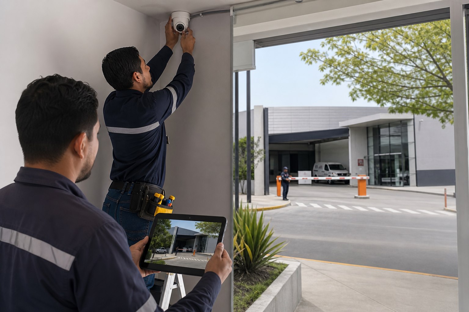 Técnicos instalan una cámara CCTV y validan su campo de visión en una tableta