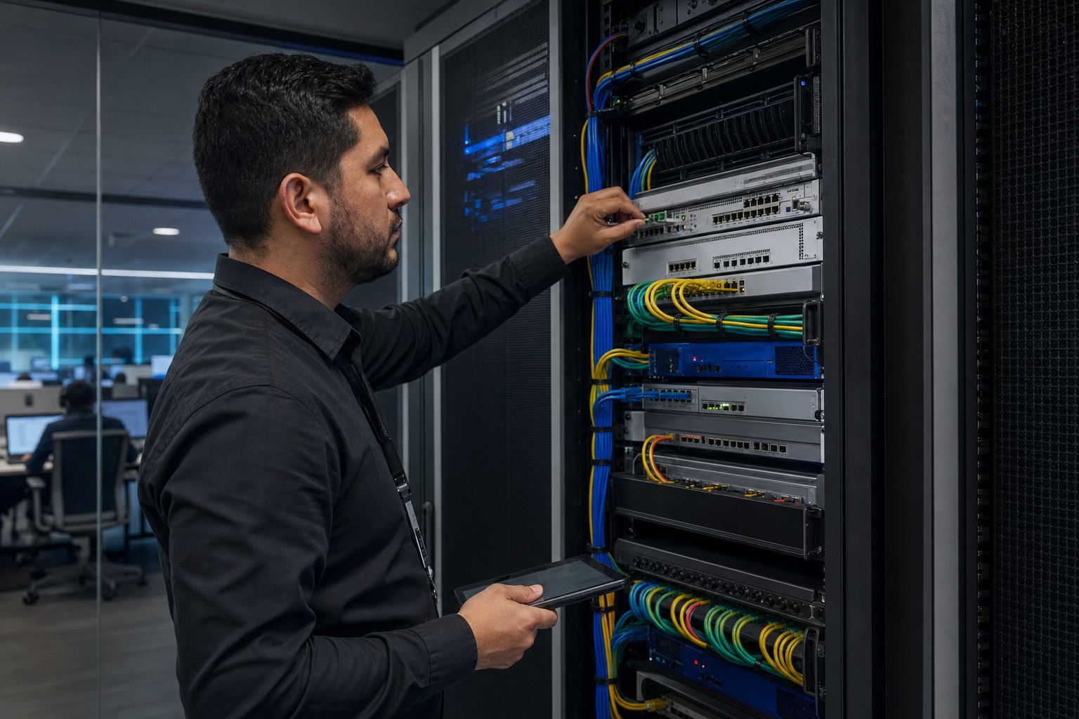 Ingeniero configura firewall, switches y segmentación en una red empresarial