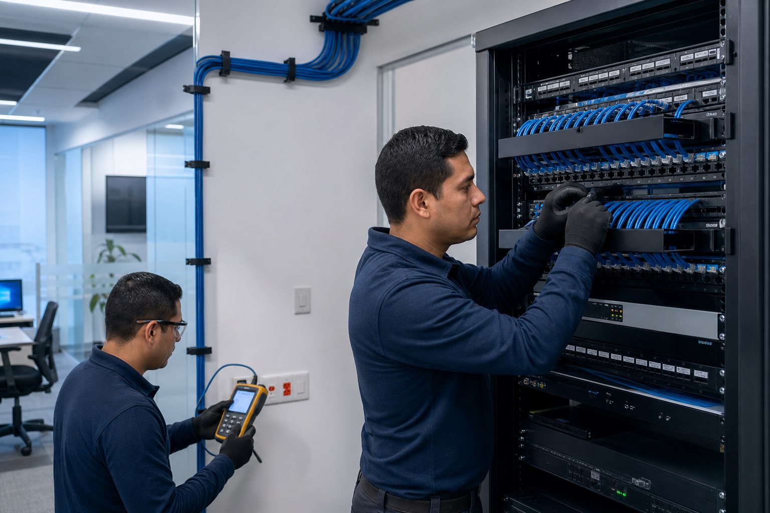 Técnicos instalan y certifican cableado estructurado en un gabinete de comunicaciones
