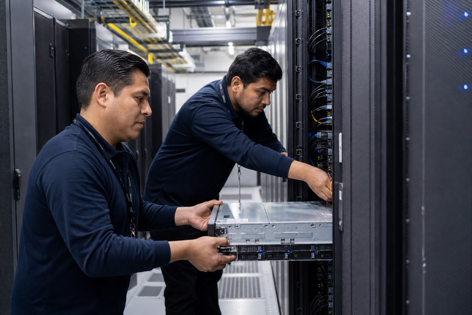 Técnicos instalan un servidor físico en un rack de centro de datos
