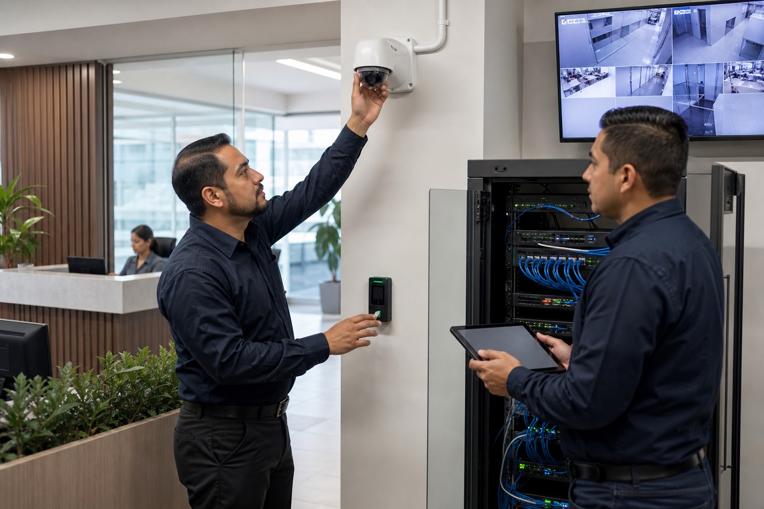 Técnicos integran cámaras, control de acceso y red segura en una oficina