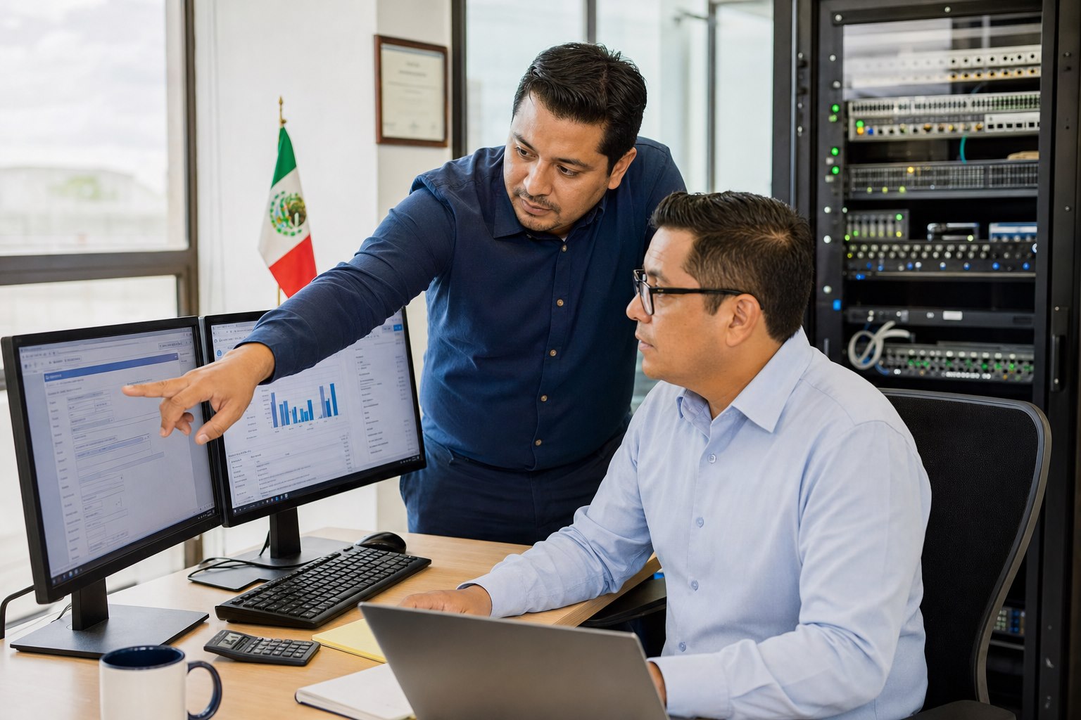 Consultor apoya la configuración de un sistema administrativo en una oficina contable